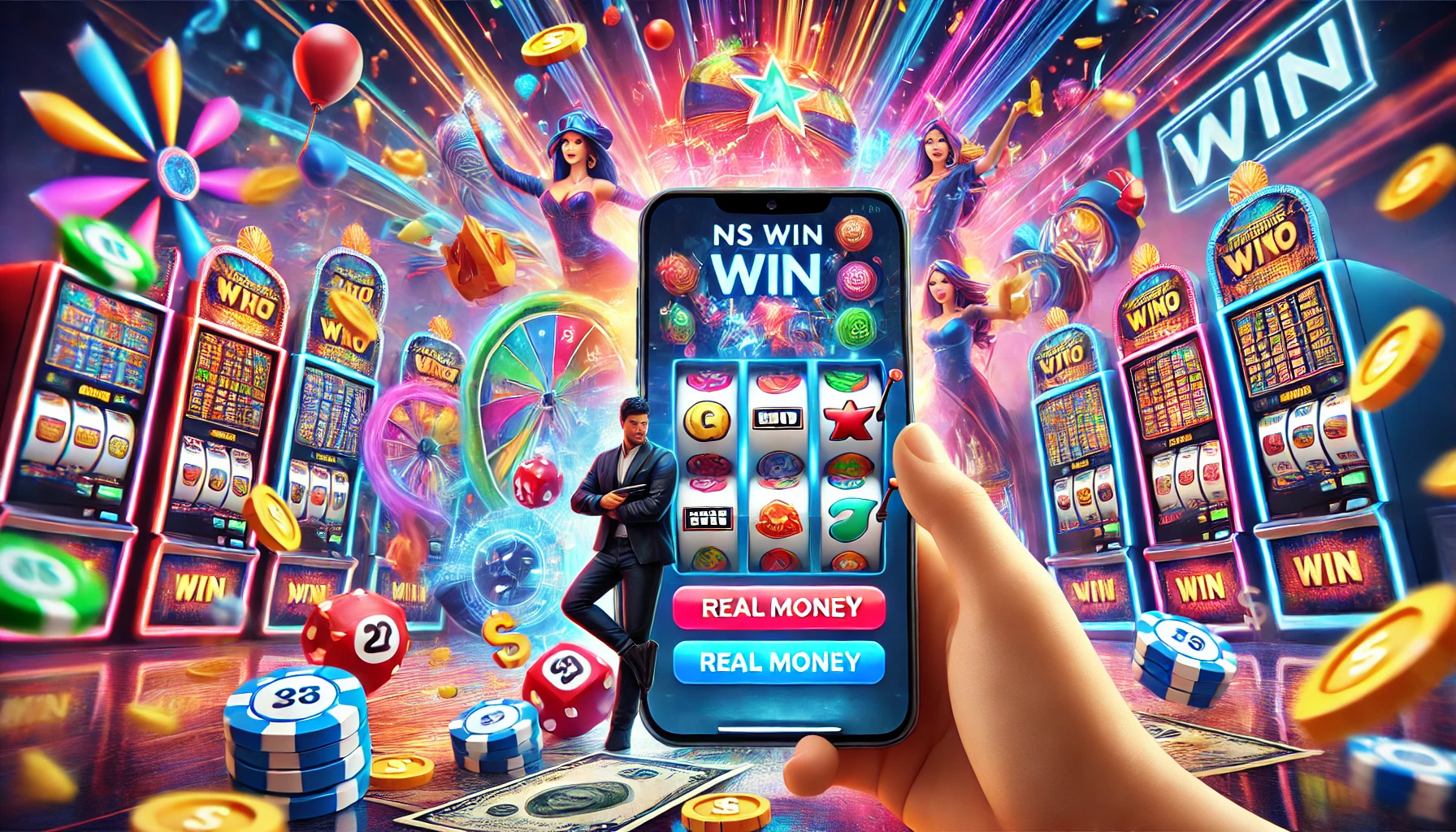 NS Win App interface with exciting lottery and casino games, real money rewards, and cheerful players.